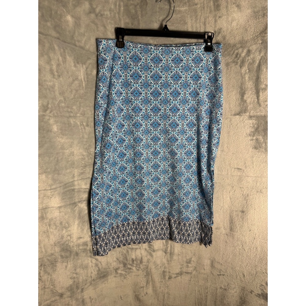J. Jill Blue Ikat Medallion Print‎ Pencil Skirt Petite Small Side Slit Knit